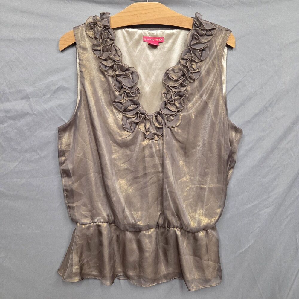 Sunny Leigh Ruffle Front Blouse Gold Large